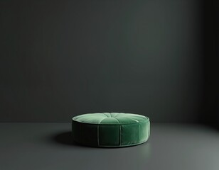 Naklejka premium Green velvet pouf with quilted top sits on dark floor. Minimalist interior design element, stylish home decor accent. Round ottoman provides comfortable seating option for living room.