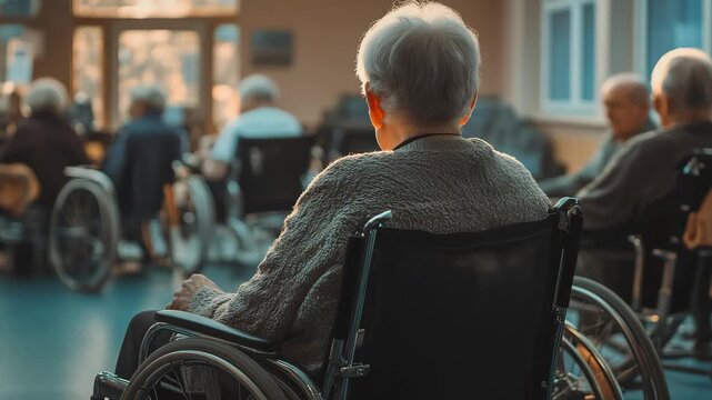 Rear view of a pensive senior woman with grey hair sitting in a wheelchair. She lives in a retirement home with other elderly residents