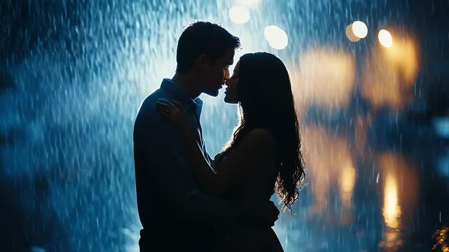 Silhouette of a young couple in love kissing passionately during a downpour at night. Backlit scene with city lights creating a romantic mood