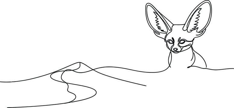 Elegant Fennec Fox Line Art, Minimalist Wildlife Drawing, Desert Animal Sketch