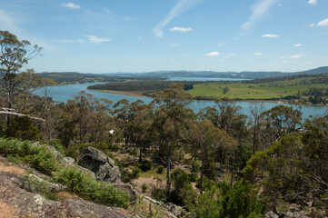 Tasmanian countryside with Tamar River and forested slopes near Launceston, suited for editorial travel and geography materials.