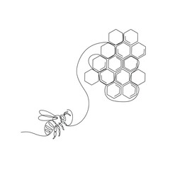 Obraz premium Bee And Honeycomb Linear Drawing, Insect Vector Illustration For Design