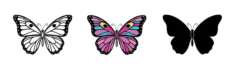 A vibrant butterfly with blue and pink wings, shown in three variations: outline, colorful with gradient wings, and black silhouette. Symbolizing beauty and metamorphosis.