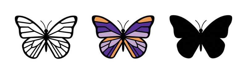 A beautiful butterfly with purple and orange wings, shown in three variations: outline, colorful with gradient wings, and black silhouette. A symbol of beauty and nature.