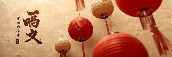 Obraz premium Traditional chinese lanterns and calligraphy adorn a textured wall