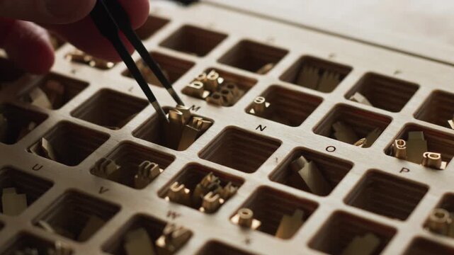 Brass alphabet letters in wooden tray picked with tweezers for hot stamping monograms and logos in artisan studio close up