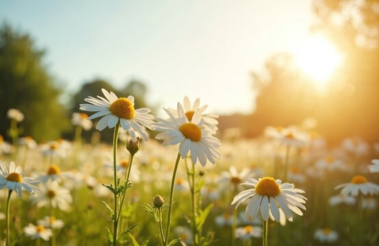 Field of white daisies bathed in warm golden hour sunlight. Gentle breeze sways wildflowers in meadow. Clear blue sky, bright sun, summer day.