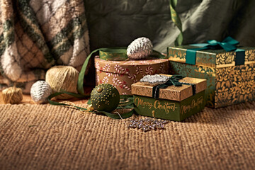 Vintage Christmas Gift Boxes in a cozy winter room