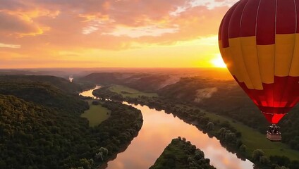 Hot air balloon flying over a winding river valley surrounded by green hills during a dramatic sunset or sunrise