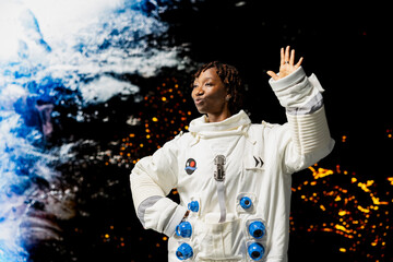 Happy cosmonaut seeking extraterrestrial life on Mars dancing from joy, delighted after landing. Jolly woman doing Martian surface research, ecstatic after making scientific discovery