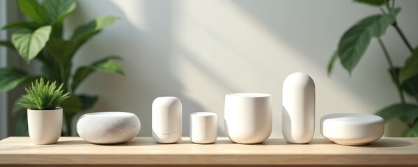 Collection of smart home devices, including speakers, hubs, arranged neatly on wooden shelf. Green plants add natural touch to modern tech setup. Devices white, minimalist in design, suggesting ease