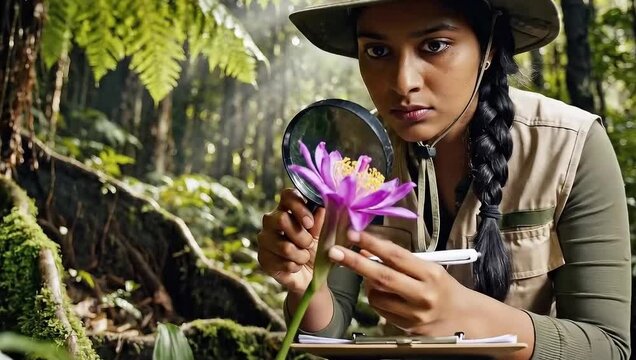 Female botanist or scientist examining a vibrant purple flower with a magnifying glass in a dense, sunlit jungle or rainforest environment
