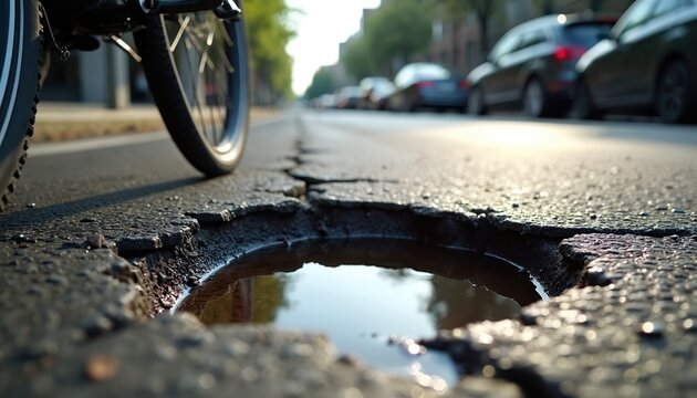 Fototapeta Close up of damaged asphalt road with large pothole filled with water. Bicycle wheel nearby. City street with cars parked along the side. Bad road condition.