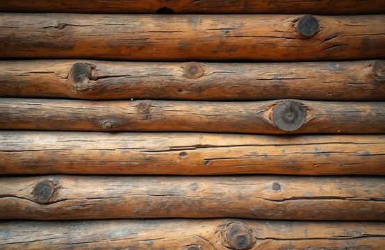 Natural wood logs form textured horizontal wall surface, showing grain, knots. Rustic background resembles barn log cabin exterior, ideal for country themes. Stacked timber provides warm, organic