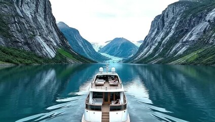 Luxury motor yacht cruising through a majestic norwegian fjord surrounded by steep cliffs and a visible glacier in the background under an overcast sky