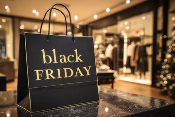 Black Friday Shopping Bag: A close-up shot of a sleek black shopping bag boldly announces Black Friday against the backdrop of an elegant store interior, embodying the spirit of shopping.