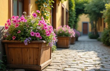 Fototapeta premium Wooden planters filled with vibrant pink petunias, small purple flowers line stone pathway. Green plants, ivy climb yellow building in background creating charming garden scene. Sunlit path leads