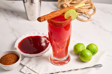 Michelada, typical mexican cocktail made with beer and tomato juice
