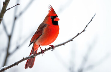 Bright red male cardinal perches on a snow covered tree branch in winter. Bird striking red plumage stands out against white background. Closeup shot.