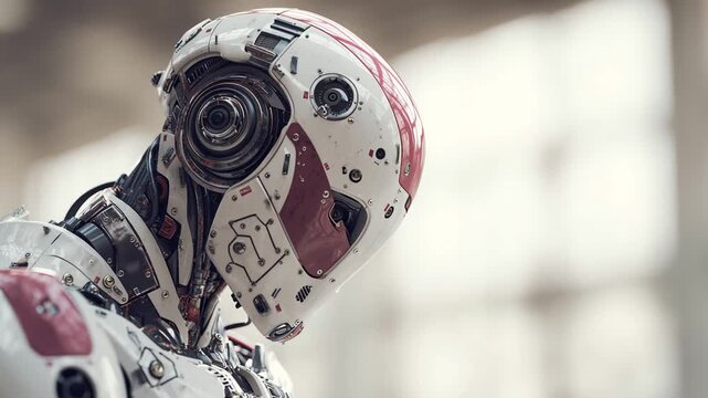 Futuristic humanoid robot with intricate mechanical details against blurred background