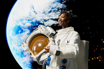 Happy astronaut holding space suit helmet astonished by glowing horizon on space shuttle cockpit glass. Joyous woman amazed by outer space visuals, concept of planetary discovery and human wonder