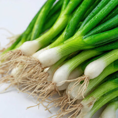 Bundle of green onions on a white background, showcasing bright color and fresh texture. Perfect for culinary blogs, ingredient collections, and market-style food imagery.