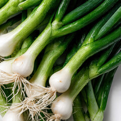 Top-view photo of green onions spread across a clean surface, capturing freshness and vivid hues. Suitable for healthy eating campaigns and farm-to-table presentations.