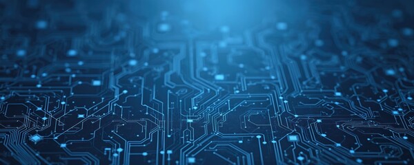 Blue abstract circuit board pattern. Glowing lines and dots create intricate network paths. Digital technology background with futuristic data flow and connection.