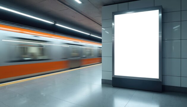 Blank digital billboard on subway platform. Train speeds past blurry background. Space for city ads and promotions. Modern transit advertising opportunity.