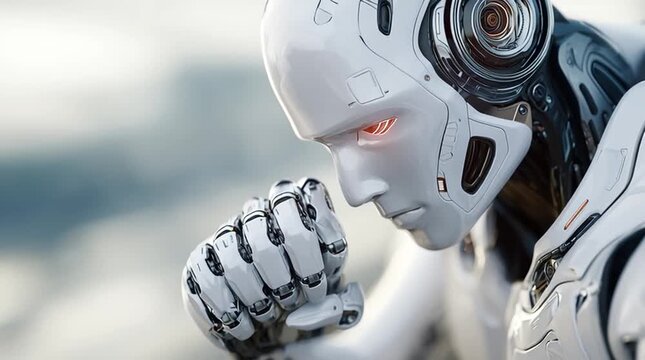 Futuristic humanoid ponders a challenge, artificial intelligence deep in thought process