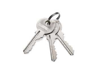 Silver keys on metal keyring or keychain isolated on transparent white background