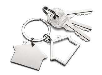 Silver keys with house keychain for home isolated on transparent white background
