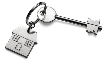 Silver keys with house keychain for home isolated on transparent white background