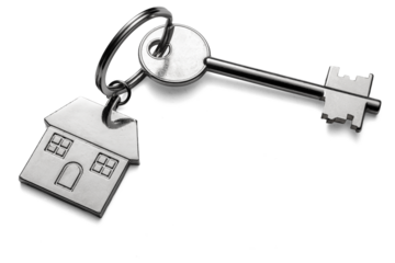 Silver keys with house keychain for home isolated on transparent white background