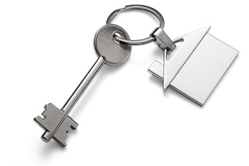 Silver keys with house keychain for home isolated on transparent white background