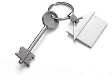 Silver keys with house keychain for home isolated on transparent white background