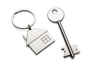 Silver keys with house keychain for home isolated on transparent background