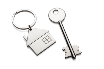 Silver keys with house keychain for home isolated on transparent background