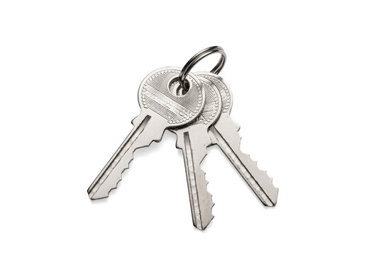 Silver keys on metal keyring or keychain isolated on transparent white background