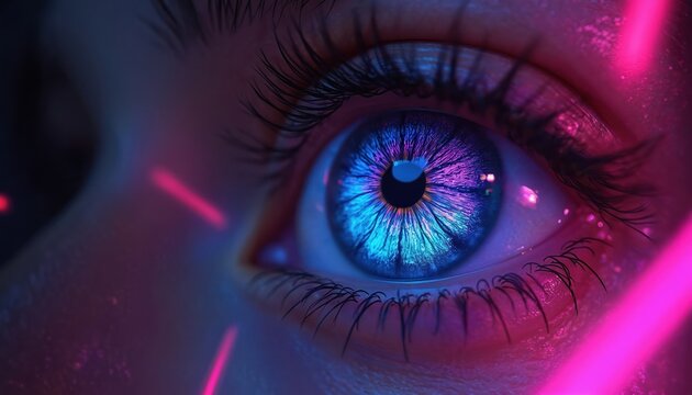 Extreme closeup of human eye with vibrant blue and purple iris. Neon pink light streaks across the face and eye. Cyberpunk aesthetic, futuristic concept.