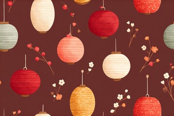 10) Seamless Lunar lantern festival pattern, paper lanterns, cloud curls, plum blossoms, elegant red-gold-ink palette, clean vector stroke, balanced repeat, no text