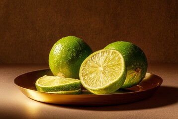 Juicy lime slices and whole lime with water droplets on green background