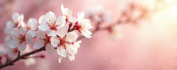 Obraz premium Delicate white and pink cherry blossoms on a branch in soft focus. Gentle floral background evokes springtime rebirth and natural beauty. Perfect for spring themes.