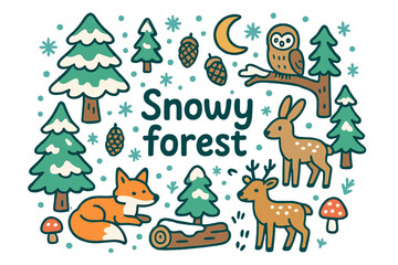 Fototapeta premium Whimsical Snowy Woodland. Snowy forest. Hand-drawn doodle illustration of snowy forest. Evergreen trees,