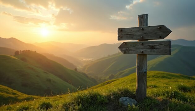 Wooden signpost with two arrows points in opposite directions on grassy hilltop. Sunrise illuminates rolling green hills and hazy valleys below. Symbolizes choice adventure wayfinding travel concept.