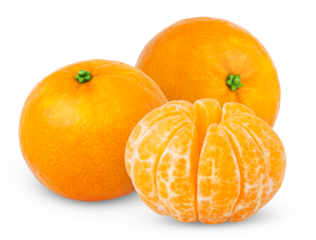 Two ripe tangerine fruits and mandarin slices isolated. Clementine fruit and peeled slice on white background. 