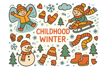 Obraz premium Playful Winter Doodles. Childhood winter. Hand-drawn doodle illustration of childhood winter. Snow angels,