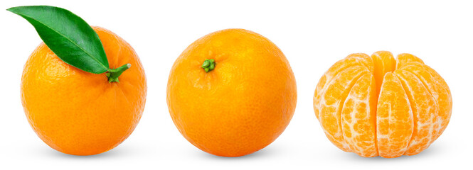 Fresh ripe mandarin, tangerine or clementine fruit with green leaf and peeled mandarin isolated set.