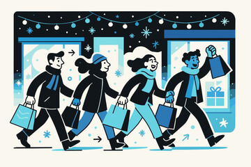 Obraz premium Nighttime Boutique Stroll. Night shoppers. Group of friends walking past glowing boutiques with gift bags in