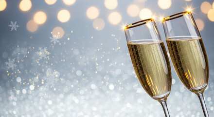 two champagne glasses on sparkling winter bokeh background with snowflakes for christmas and new year celebration